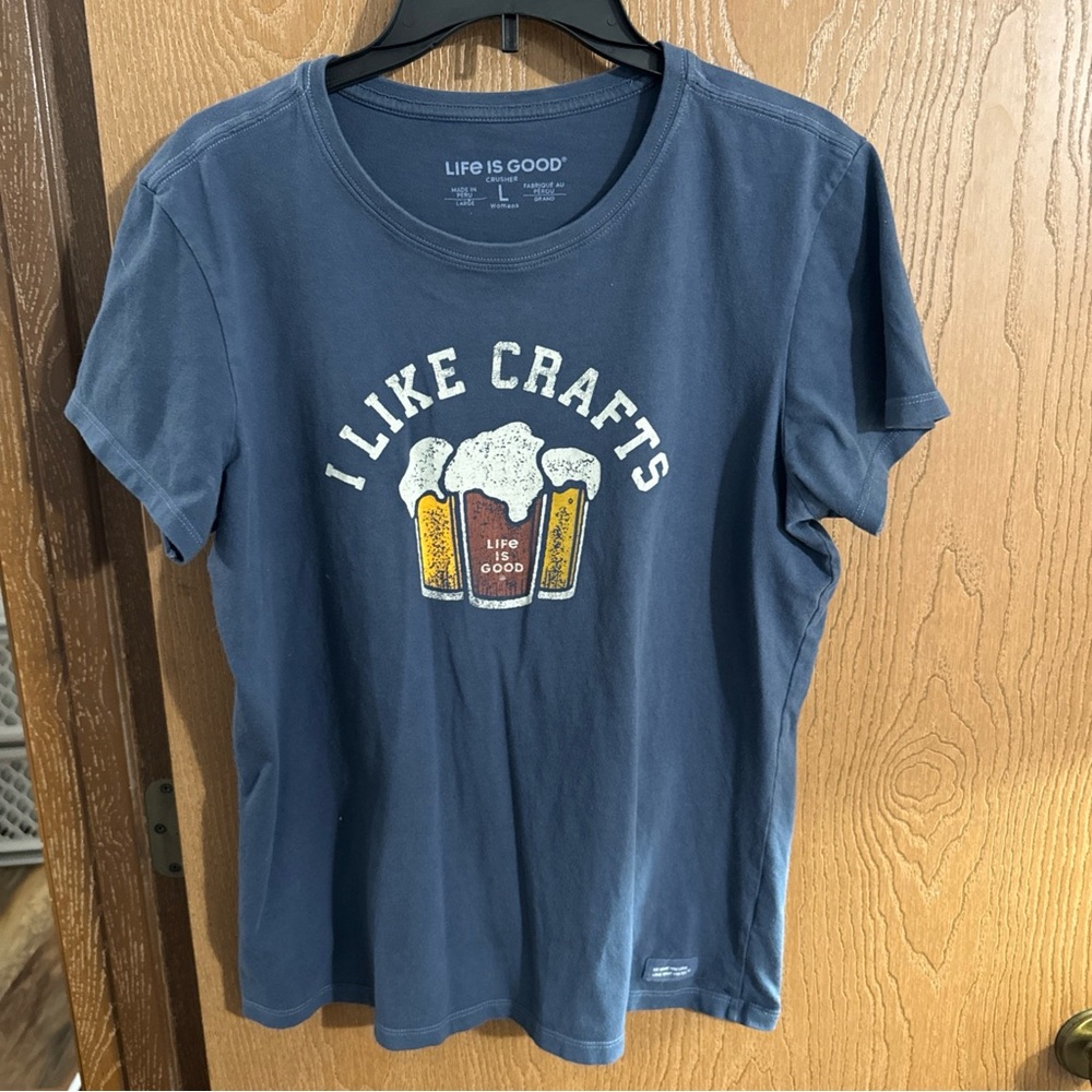 LIFE IS GOOD Men’s T-shirt I Like Crafts Beer Blue Large Cotton Short Sleeve